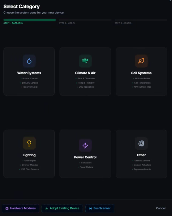 CeresFlows Device Wizard Step 1 Categories