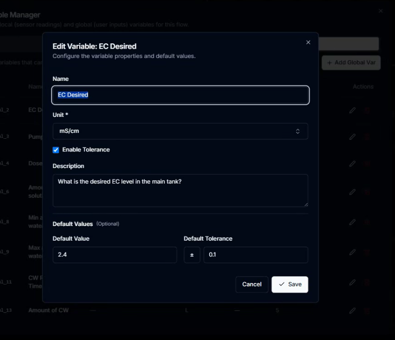 CeresFlows Edit Variable Tolerance Configuration Dialog