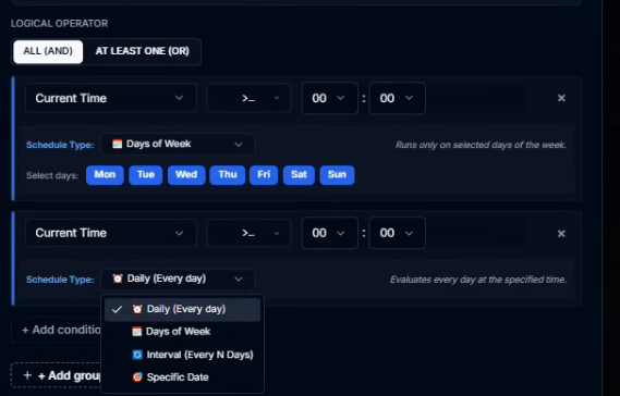CeresFlows Time Condition Schedule Types