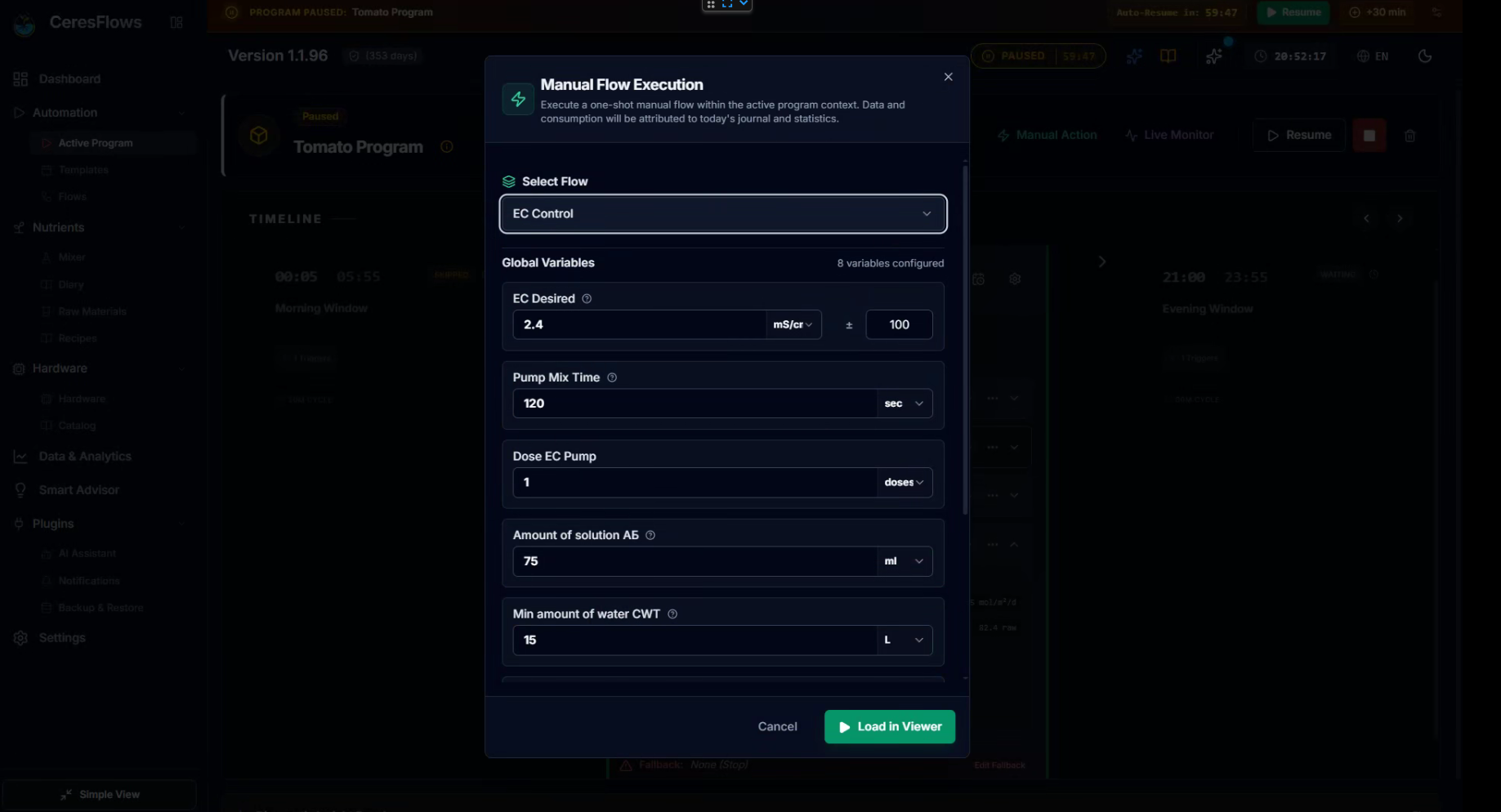 CeresFlows Manual Flow Execution Dialog