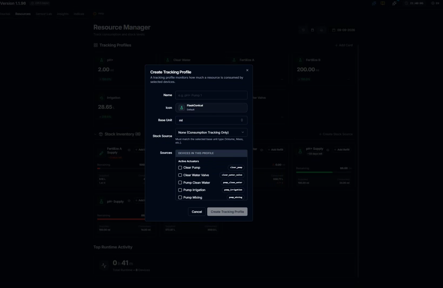 CeresFlows Create Resource Tracking Profile Configuration Modal