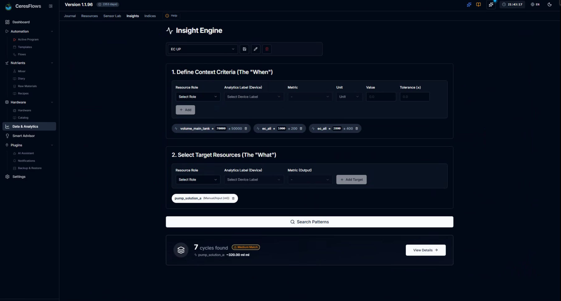 CeresFlows Insight Engine Pattern Builder Context Conditions