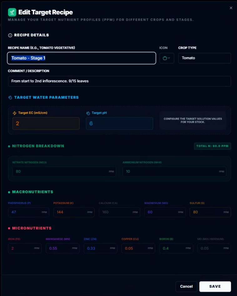 CeresFlows Edit Target Recipe Modal with Nitrogen Fractions and EC Target