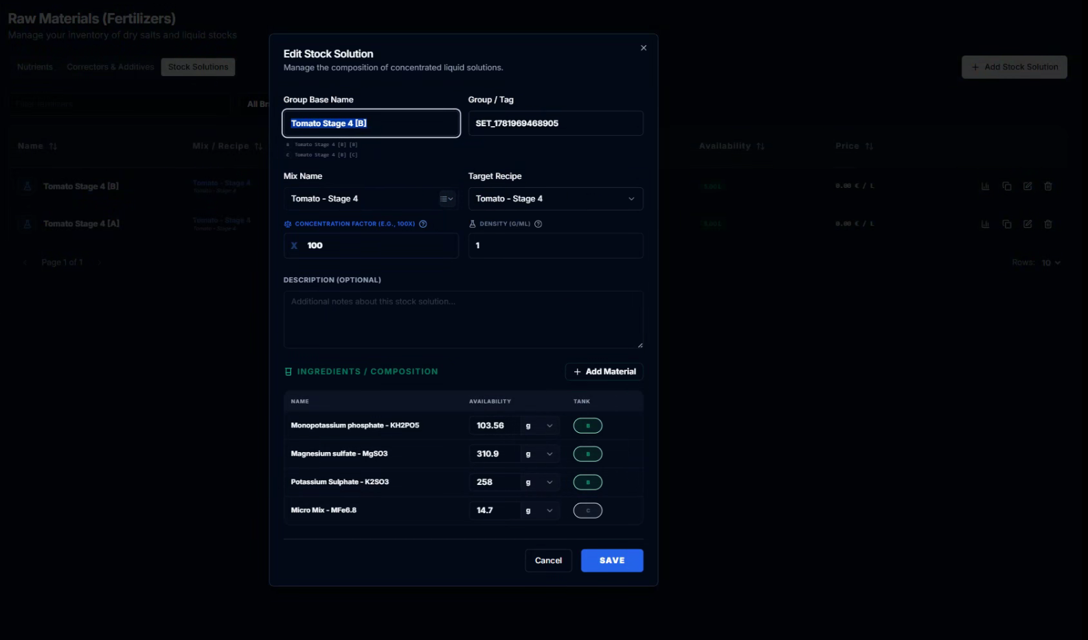 CeresFlows Concentrated Stock Solution Modal with Dilution Multipliers