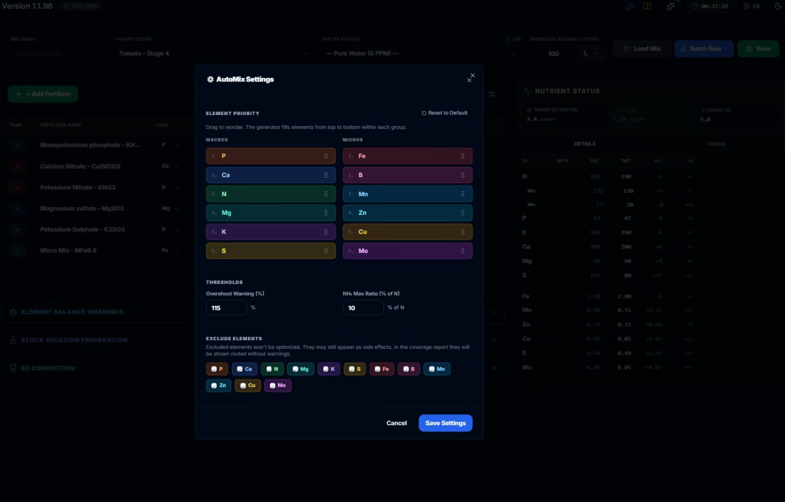 CeresFlows AutoMix Solver Settings and Element Priority Ordering