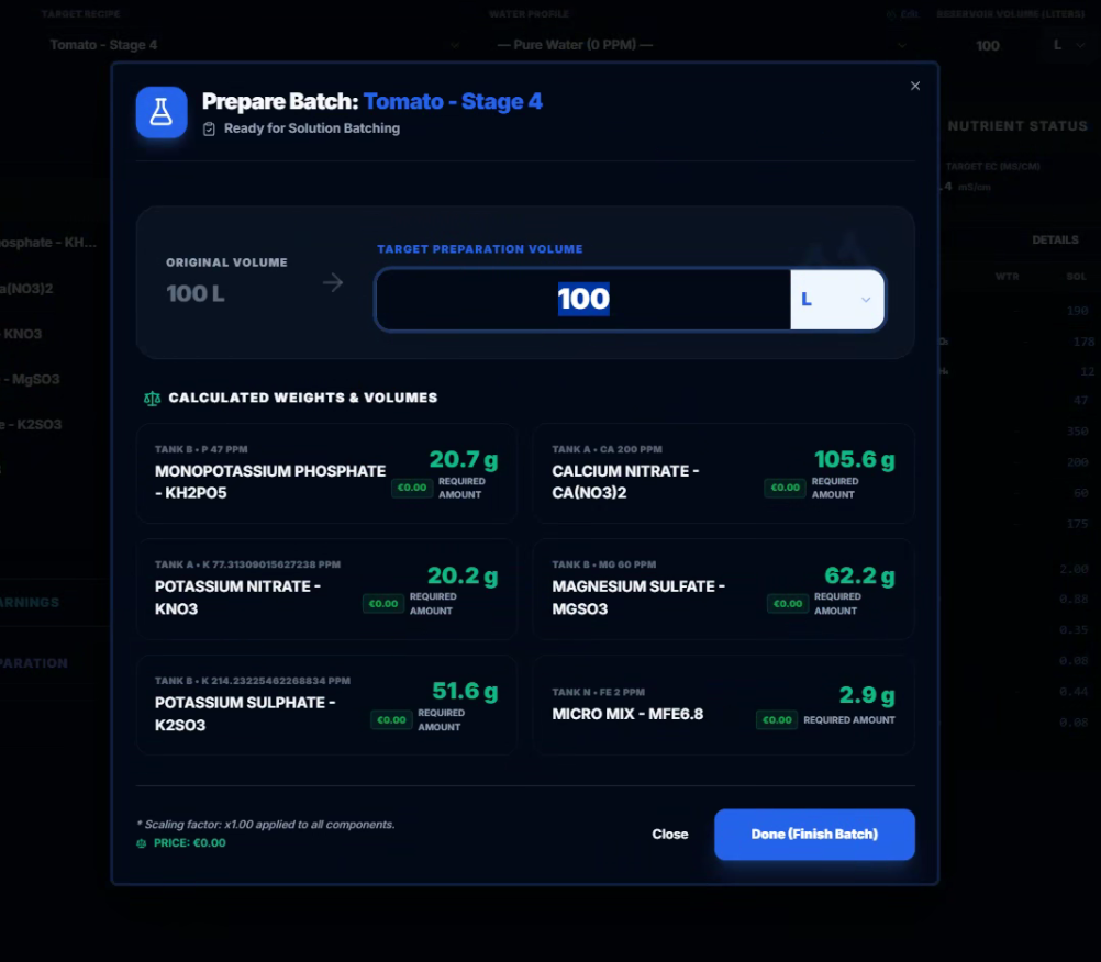 CeresFlows Prepare Batch Modal with Automatic Scaling and Tank Breakdown