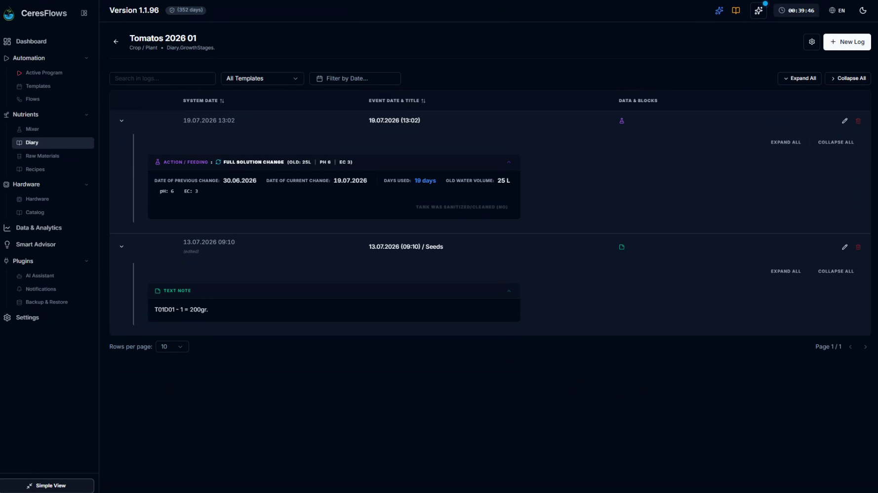 CeresFlows Nutrition Diary Object Page with Chronological Logs