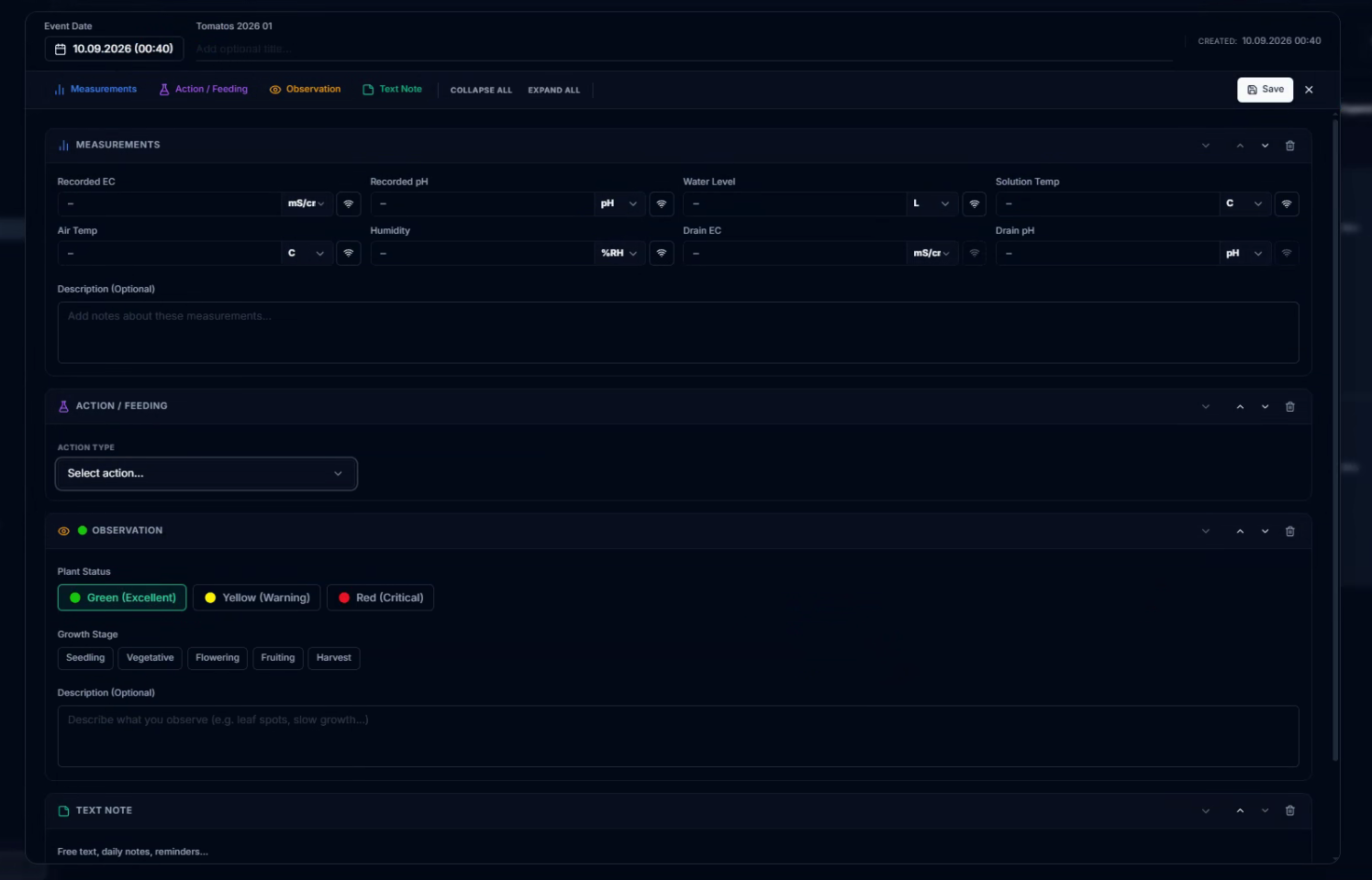 CeresFlows Diary Log Modal with Measurements and Observation Blocks