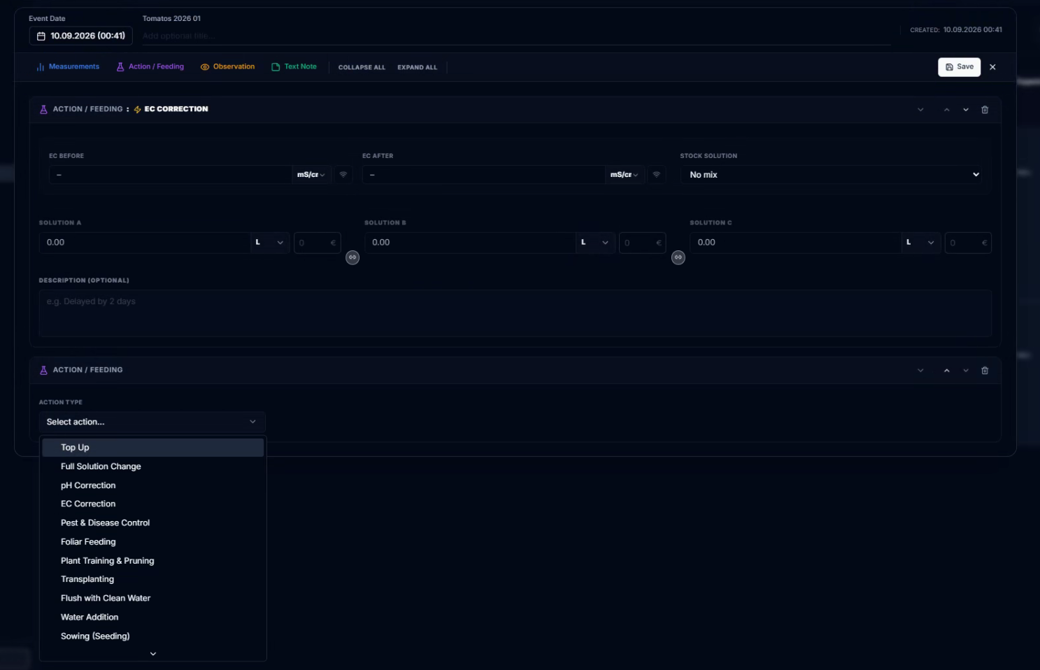 CeresFlows Structured Feeding Actions Catalog and EC Correction Entry