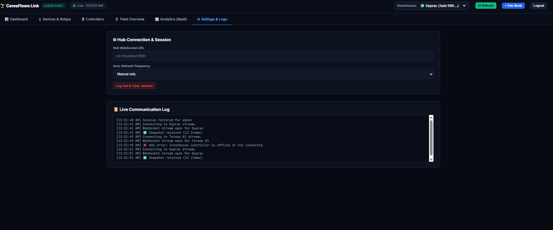 CeresFlows Link Settings and Live Communication Log