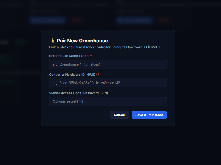 CeresFlows Link Pair New Greenhouse Dialog