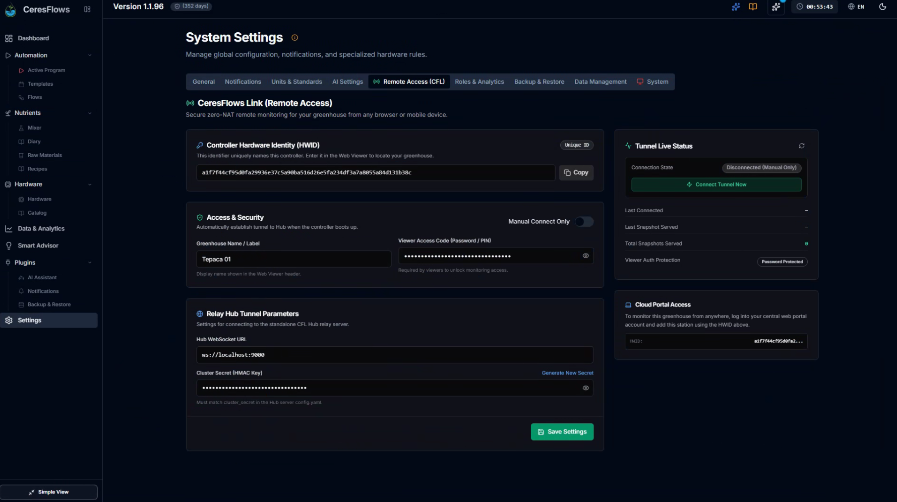 CeresFlows Local Server Remote Access CFL Settings