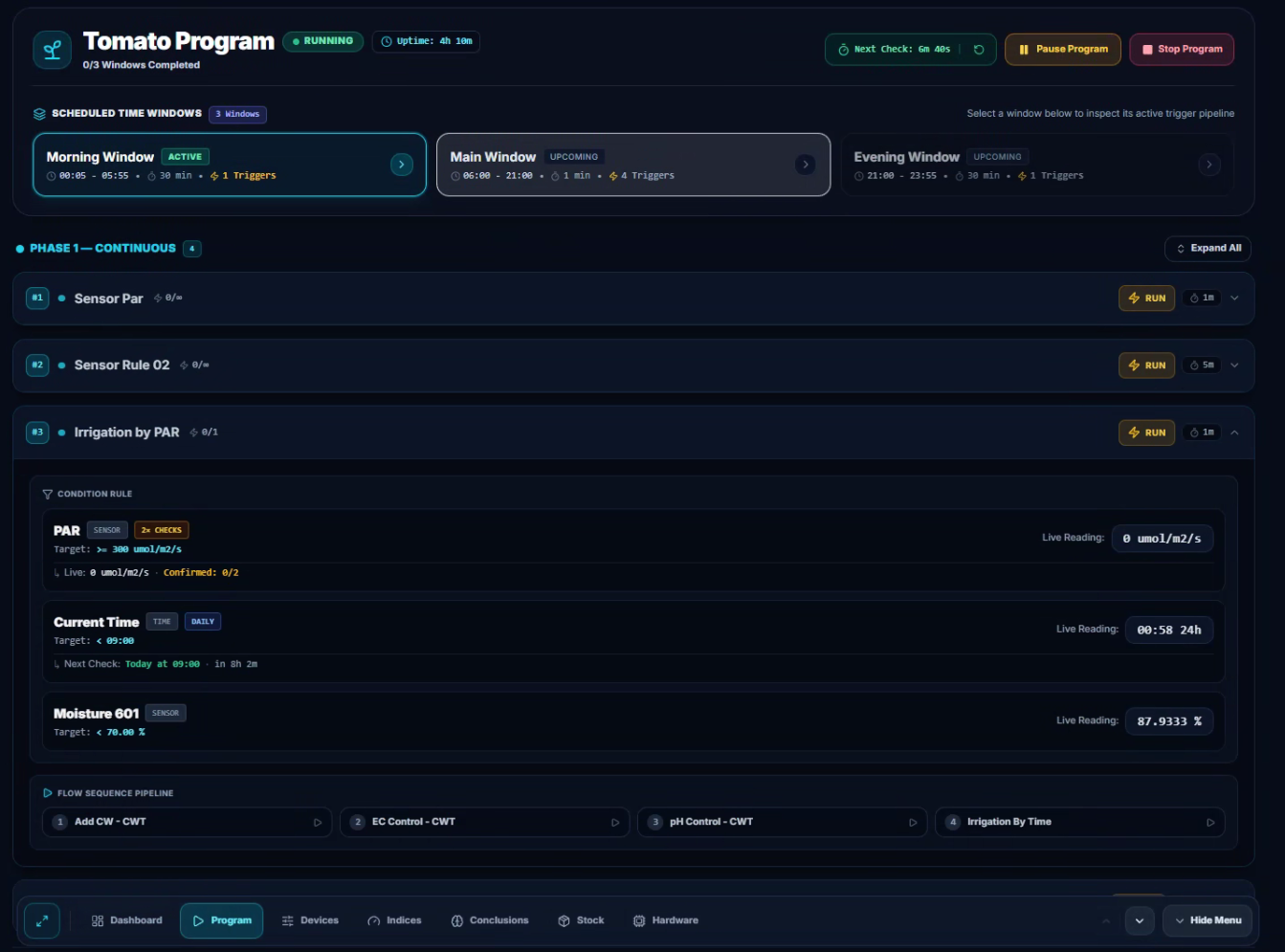 CeresFlows Simple Mode Program Tab with Trigger Pipeline