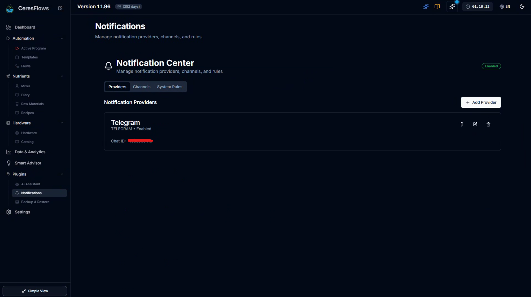 CeresFlows Notification Center Providers List