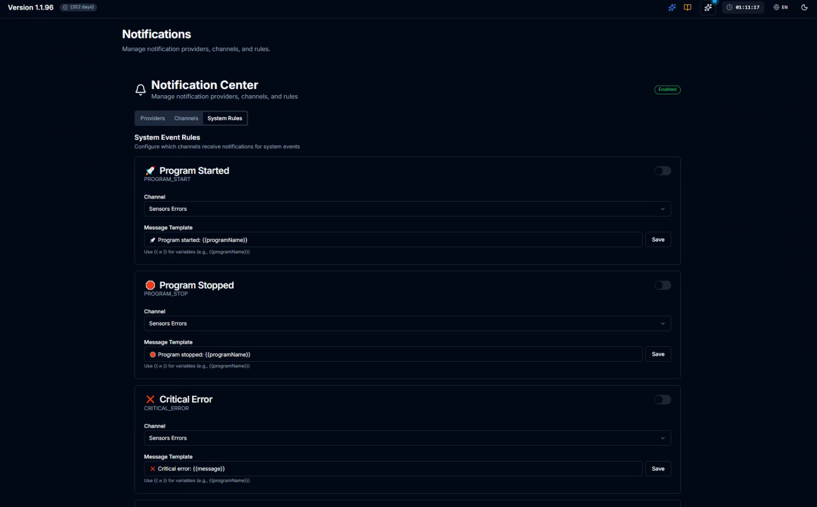 CeresFlows System Event Rules Configuration