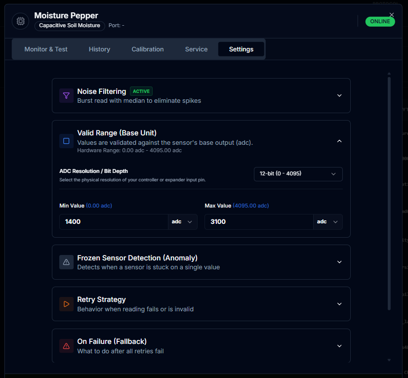 CeresFlows Sensor Valid Range Settings