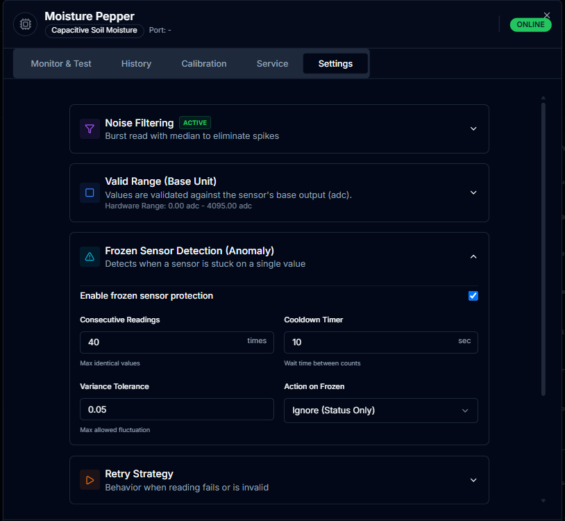 CeresFlows Frozen Sensor Detection Settings