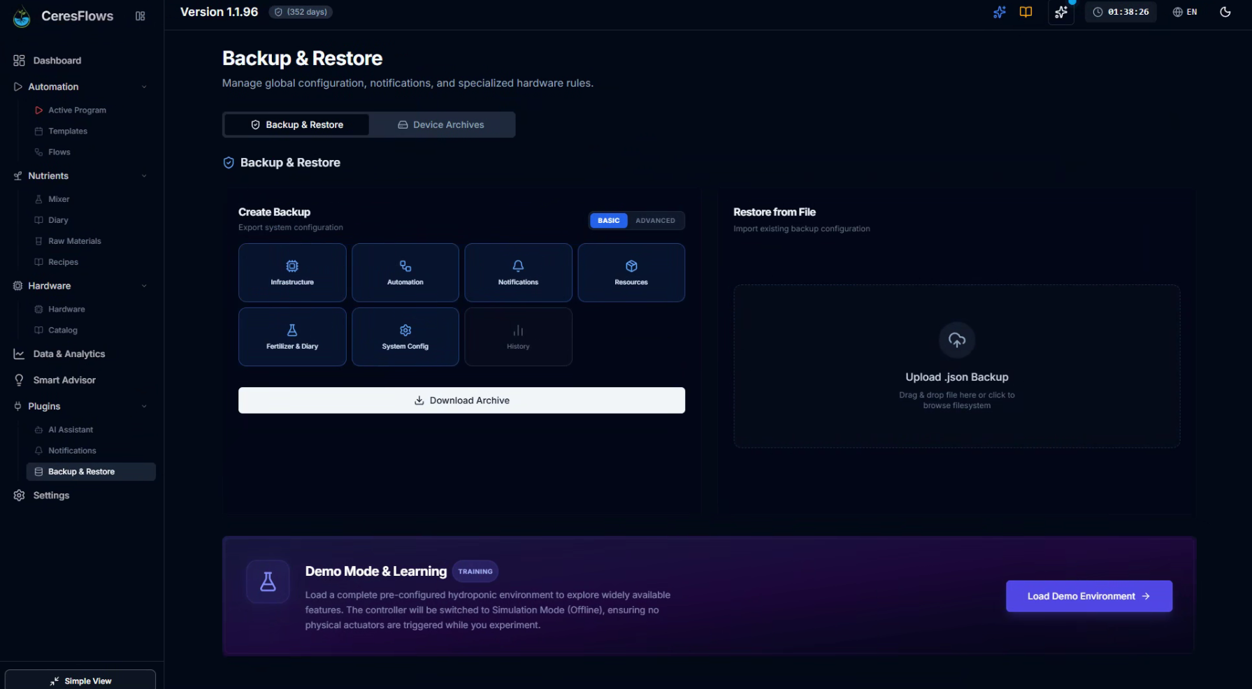 CeresFlows Backup and Restore Main Console