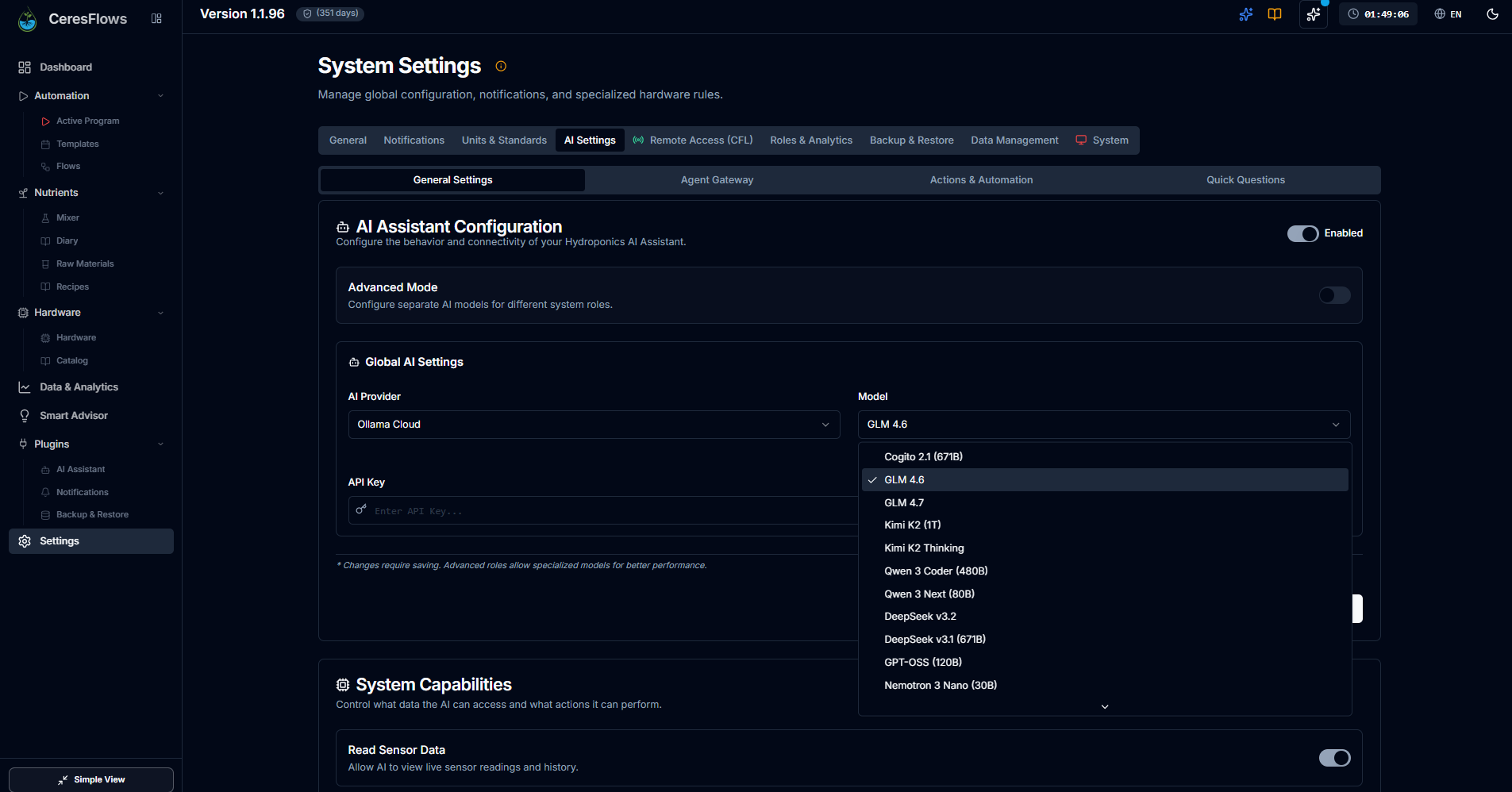 CeresFlows AI Settings and Model Provider Selection