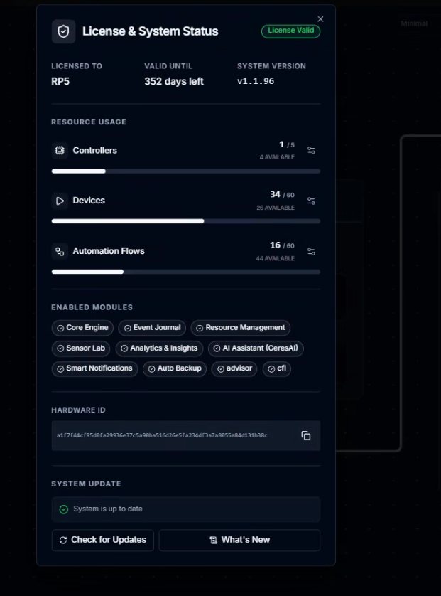 CeresFlows License and System Status Modal